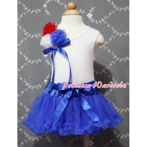 White Baby Pettitop & Bunch of Red White Blue Rosettes & Red Ribbon with Royal Blue Baby Pettiskirt NG377 