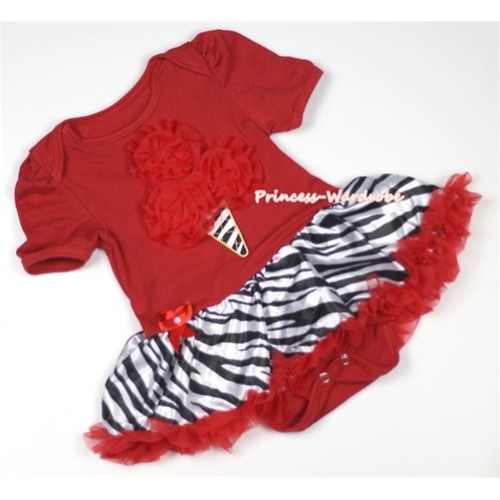 Red Baby Jumpsuit Red Zebra Pettiskirt with Red Rosettes Zebra Ice Cream Print JS658 