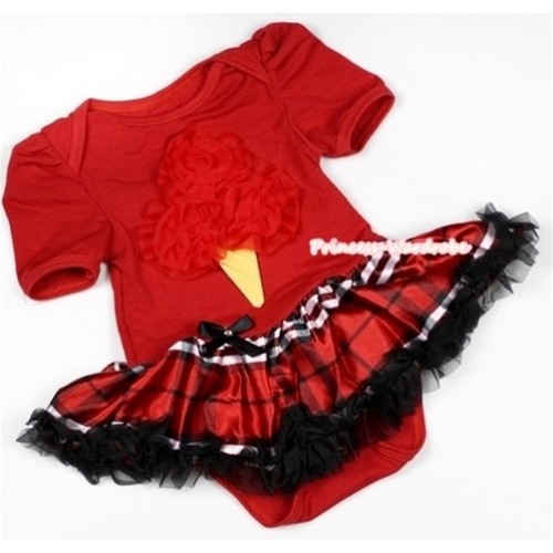 Red Baby Jumpsuit Red Black Checked Pettiskirt with Red Rosettes Ice Cream Print JS672 
