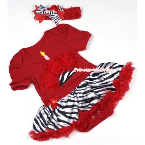 Red Baby Jumpsuit Red Zebra Pettiskirt With Red Rosettes Zebra Birthday Cake Print With Red Headband Red Zebra Screwed Ribbon Bow JS676 
