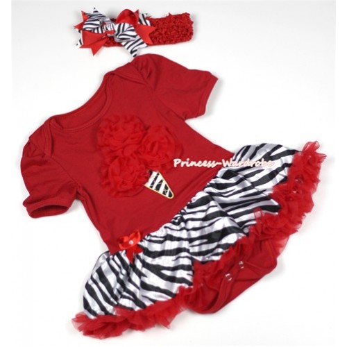 Red Baby Jumpsuit Red Zebra Pettiskirt With Red Rosettes Zebra Ice Cream Print With Red Headband Red Zebra Screwed Ribbon Bow JS677 