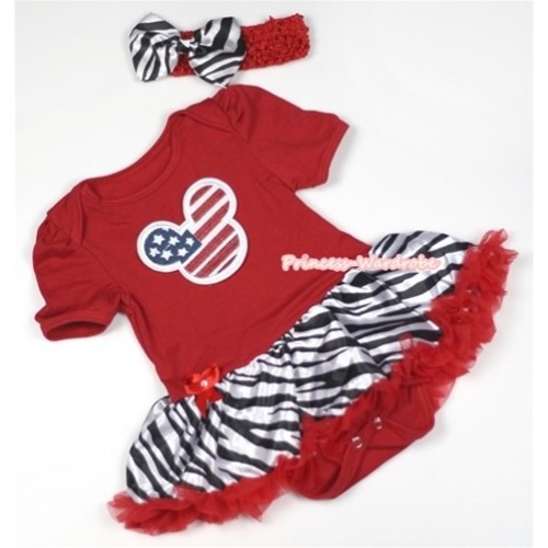 Red Baby Jumpsuit Red Zebra Pettiskirt With American Striped Stars Minnie Print With Red Headband Zebra Satin Bow JS678 