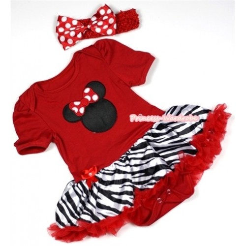 Red Baby Jumpsuit Red Zebra Pettiskirt With Minnie Print With Red Headband Minnie Dots Satin Bow JS680 