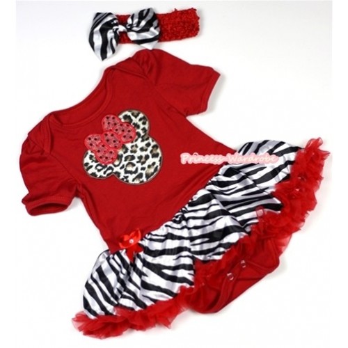 Red Baby Jumpsuit Red Zebra Pettiskirt With Leopard Minnie Print With Red Headband Zebra Satin Bow JS681 