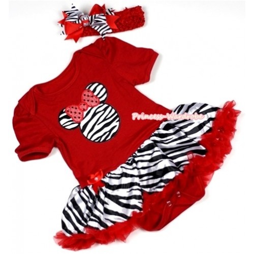 Red Baby Jumpsuit Red Zebra Pettiskirt With Zebra Minnie Print With Red Headband Red Zebra Screwed Ribbon Bow JS682 