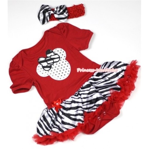 Red Baby Jumpsuit Red Zebra Pettiskirt With Sparkle White Minnie Print With Red Headband Zebra Satin Bow JS683 