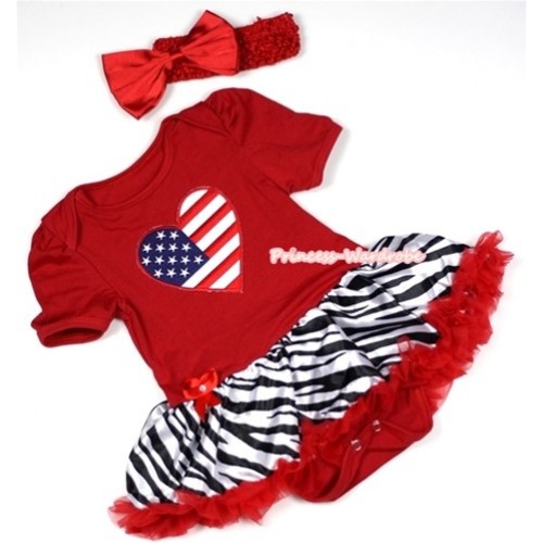 Red Baby Jumpsuit Red Zebra Pettiskirt With Patriotic American Heart Print With Red Headband Red Satin Bow JS685 