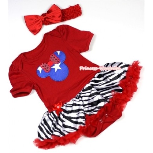 Red Baby Jumpsuit Red Zebra Pettiskirt With Patriotic American Minnie Print With Red Headband Red Satin Bow JS688 