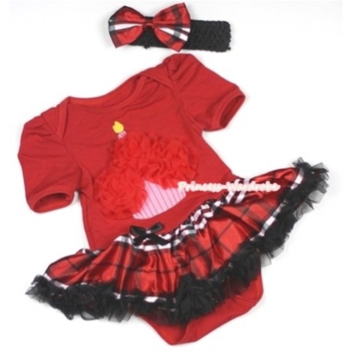 Red Baby Jumpsuit Red Black Checked Pettiskirt With Red Rosettes Birthday Cake Print With Black Headband Red Black Checked Satin Bow JS690 