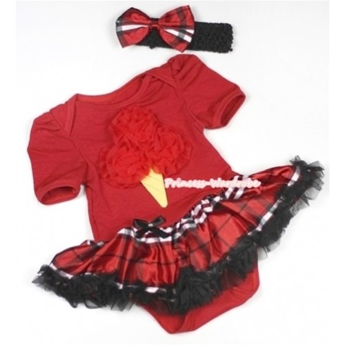 Red Baby Jumpsuit Red Black Checked Pettiskirt With Red Rosettes Ice Cream Print With Black Headband Red Black Checked Satin Bow JS691 