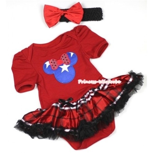 Red Baby Jumpsuit Red Black Checked Pettiskirt With Patriotic American Minnie Print With Black Headband Red Satin Bow JS692 