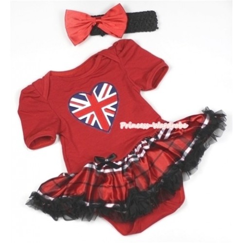 Red Baby Jumpsuit Red Black Checked Pettiskirt With Patriotic British Heart Print With Black Headband Red Satin Bow JS693 
