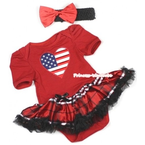 Red Baby Jumpsuit Red Black Checked Pettiskirt With Patriotic American Heart Print With Black Headband Red Satin Bow JS694 