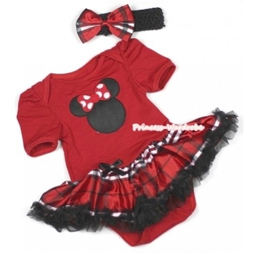 Red Baby Jumpsuit Red Black Checked Pettiskirt With Minnie Print With Black Headband Red Black Checked Satin Bow JS696 
