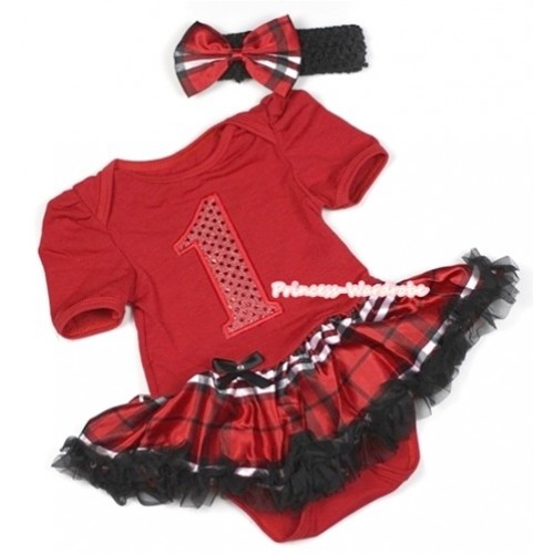 Red Baby Jumpsuit Red Black Checked Pettiskirt With 1st Sparkle Red Birthday Number Print With Black Headband Red Black Checked Satin Bow JS697 