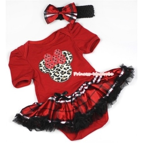 Red Baby Jumpsuit Red Black Checked Pettiskirt With Leopard Minnie Print With Black Headband Red Black Checked Satin Bow JS699 