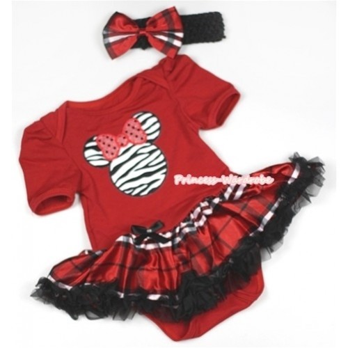 Red Baby Jumpsuit Red Black Checked Pettiskirt With Zebra Minnie Print With Black Headband Red Black Checked Satin Bow JS700 