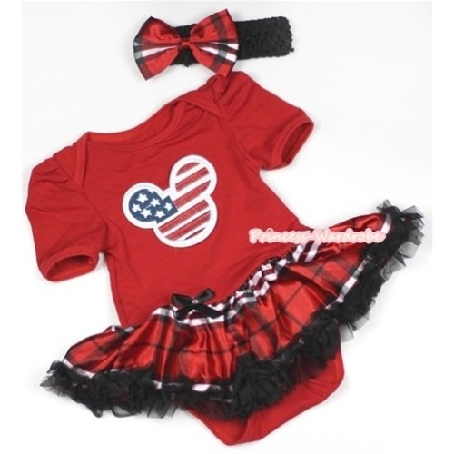 Red Baby Jumpsuit Red Black Checked Pettiskirt With American Striped Stars Minnie Print With Black Headband Red Black Checked Satin Bow JS701 