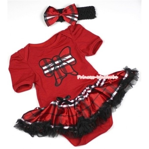 Red Baby Jumpsuit Red Black Checked Pettiskirt With Red Black Checked Butterfly Print With Black Headband Red Black Checked Satin Bow JS702 