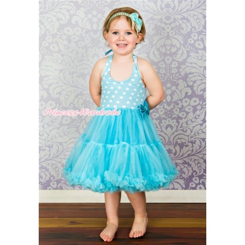 Light Blue White Polka Dots ONE-PIECE Petti Dress with Bow LP07 