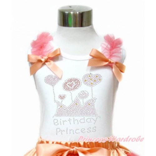 White Tank Top With Coral Tangerine Ruffles & Coral Tangerine Bow With Sparkle Crystal Bling Rhinestone Birthday Princess Print TB775 