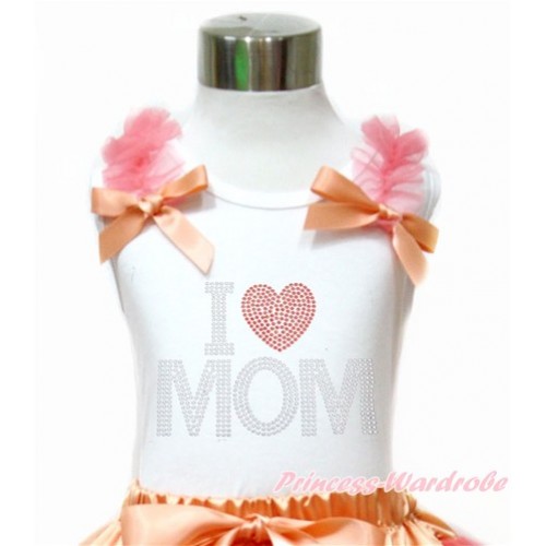 Mother's Day White Tank Top With Coral Tangerine Ruffles & Coral Tangerine Bow With Sparkle Crystal Bling Rhinestone I Love Mom Print TB777 