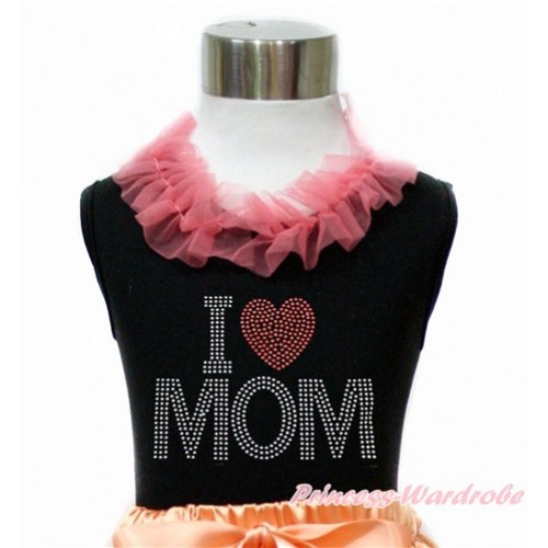 Mother's Day Black Tank Top With Coral Tangerine Chiffon Lacing With Sparkle Crystal Bling Rhinestone I Love Mom Print TB783 