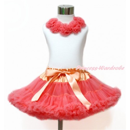 White Tank Top with Coral Tangerine Rosettes & Coral Tangerine Pettiskirt MG1178 