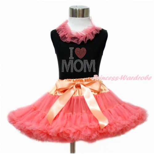 Mother's Day Black Tank Top with Coral Tangerine Chiffon Lacing with Sparkle Crystal Bling Rhinestone I Love Mom Print & Coral Tangerine Pettiskirt MG1187 