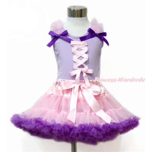 Tangled Princess Lavender Tank Top with Light Pink Ruffles & Dark Purple Bow with Light Pink Ribbon Bow With Light Pink Dark Purple Pettiskirt MN85 