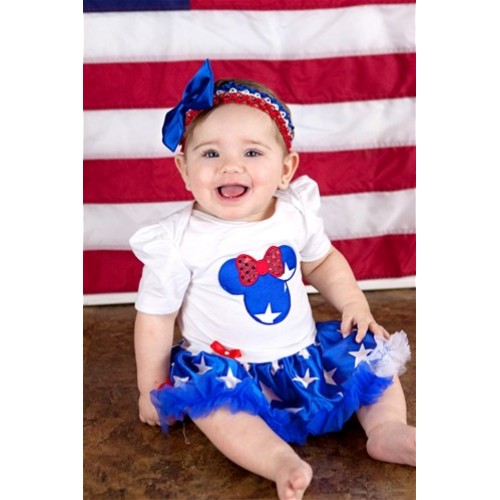 White Baby Jumpsuit Patriotic American Stars Pettiskirt With Patriotic American Minnie Print With Red White Royal Blue Headband Royal Blue Satin Bow JS705 