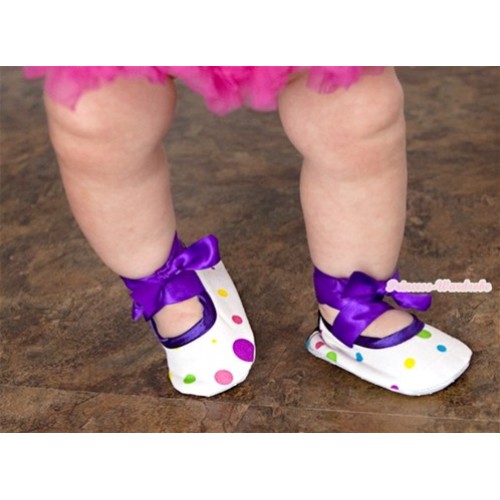 White Rainbow Polka Dots Crib Shoes with Dark Purple Ribbon S516 