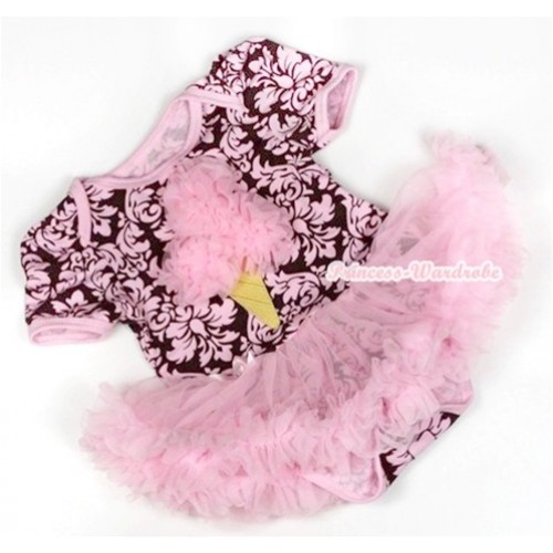 Light Pink Damask Baby Jumpsuit Light Pink Pettiskirt with Light Pink Rosettes Ice Cream Print JS726 