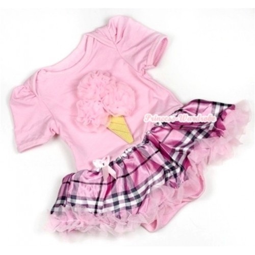 Light Pink Baby Jumpsuit Light Pink Checked Pettiskirt with Light Pink Rosettes Ice Cream Print JS727 