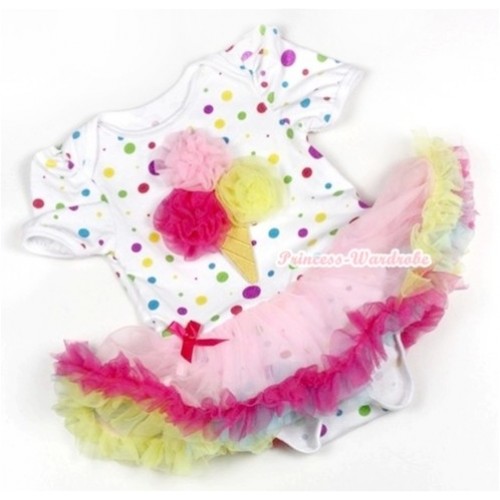 White Rainbow Dots Baby Jumpsuit Rainbow Pettiskirt with Light Pink Hot Pink Yellow Rosettes Ice Cream Print JS745 