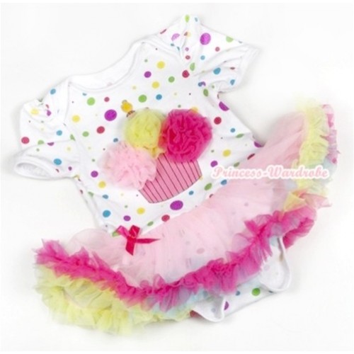 White Rainbow Dots Baby Jumpsuit Rainbow Pettiskirt with Light Pink Yellow Hot Pink Rosettes Birthday Cake Print JS746 