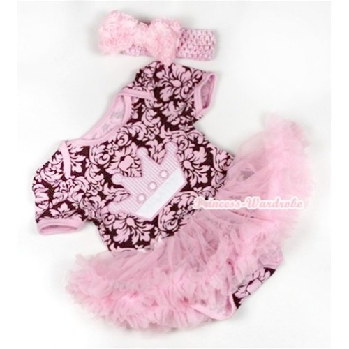 Light Pink Damask Baby Jumpsuit Light Pink Pettiskirt With Crown Print With Light Pink Headband Light Pink Romantic Rose Bow JS772 