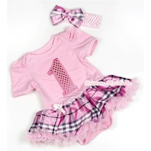 Light Pink Baby Jumpsuit Light Pink Checked Pettiskirt With 1st Sparkle Light Pink Birthday Number Print With Light Pink Headband Light Pink Checked Satin Bow JS780 