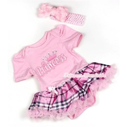 Light Pink Baby Jumpsuit Light Pink Checked Pettiskirt With Princess Print With Light Pink Headband Light Pink Romantic Rose Bow JS781 
