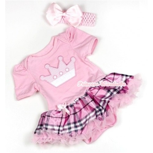 Light Pink Baby Jumpsuit Light Pink Checked Pettiskirt With Crown Print With Light Pink Headband Light Pink Silk Bow JS782 