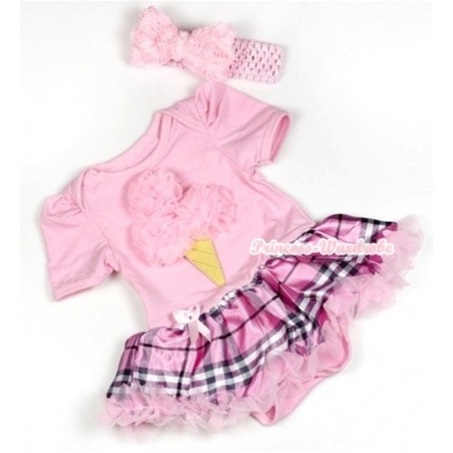 Light Pink Baby Jumpsuit Light Pink Checked Pettiskirt With Light Pink Rosettes Ice Cream Print With Light Pink Headband Light Pink Romantic Rose Bow JS783 