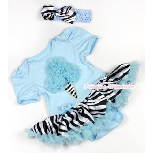 Light Blue Baby Jumpsuit Light Blue Zebra Pettiskirt With Light Blue Rosettes Zebra Ice Cream Print With Light Blue Headband Zebra Satin Bow JS788 