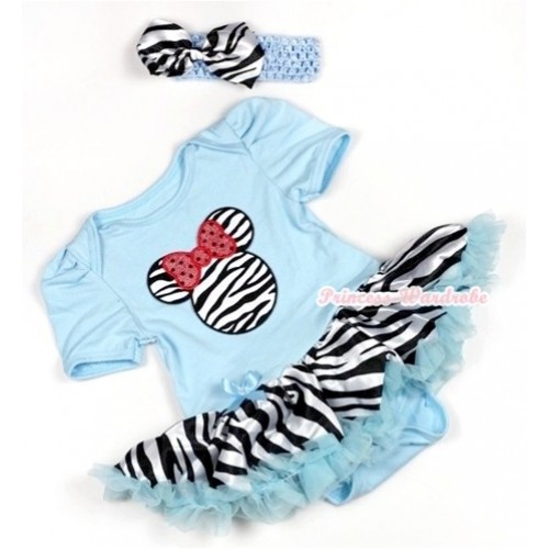 Light Blue Baby Jumpsuit Light Blue Zebra Pettiskirt With Sparkle Red Zebra Minnie Print With Light Blue Headband Zebra Satin Bow JS792 