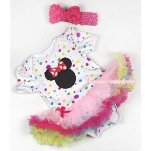 White Rainbow Dots Baby Jumpsuit Rainbow Pettiskirt With Hot Pink Minnie Print With Hot Pink Headband Hot Pink Romantic Rose Bow JS803 