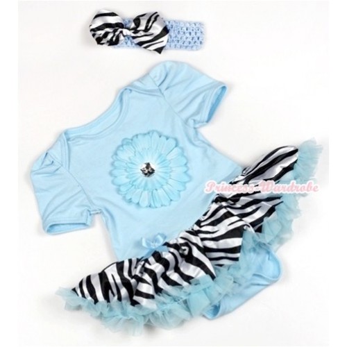 Light Blue Baby Jumpsuit Light Blue Zebra Pettiskirt With Light Blue Flower With Light Blue Headband Zebra Satin Bow JS764 