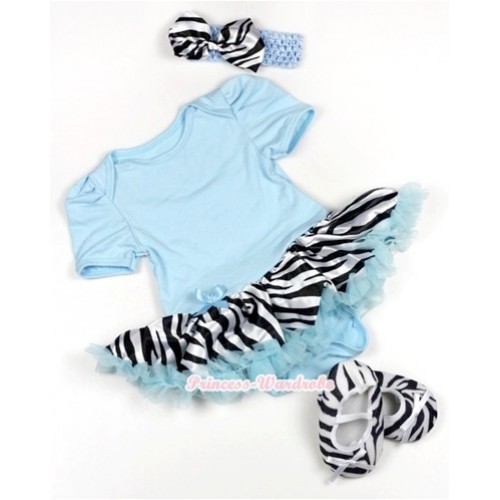 Light Blue Baby Jumpsuit Light Blue Zebra Pettiskirt With Light Blue Headband Zebra Satin Bow With Zebra Shoes JS808 