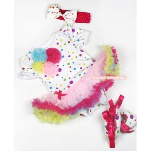 White Rainbow Dots Baby Jumpsuit Rainbow Pettiskirt With Bunch Of Light Blue Yellow Hot Pink Light Pink Rosettes With Hot Pink Headband White Rainbow Dots Satin Bow With Hot Pink Ribbon White Rainbow Dots Shoes JS814 