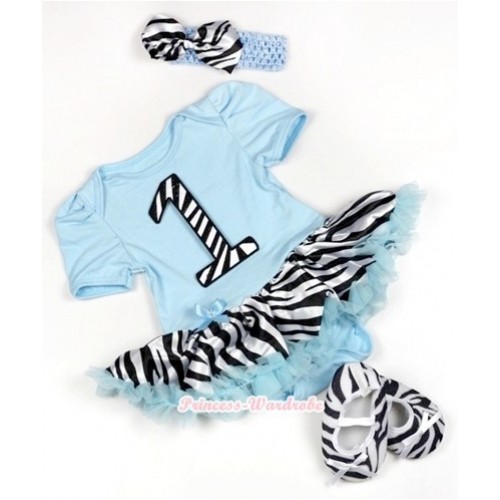 Light Blue Baby Jumpsuit Light Blue Zebra Pettiskirt With 1st Zebra Birthday Number Print With Light Blue Headband Zebra Satin Bow With Zebra Shoes JS823 