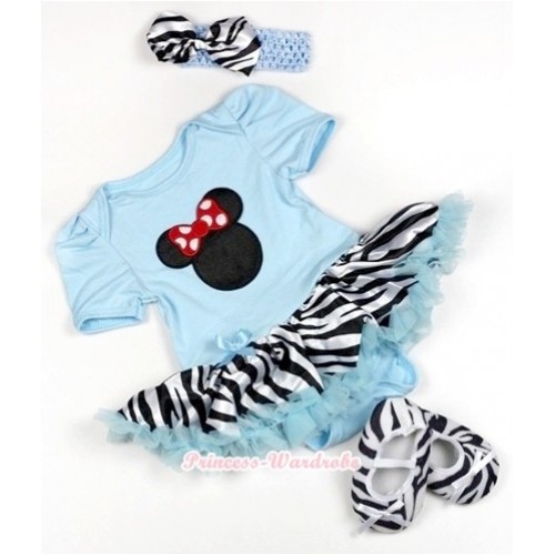 Light Blue Baby Jumpsuit Light Blue Zebra Pettiskirt With Minnie Print With Light Blue Headband Zebra Satin Bow With Zebra Shoes JS825 