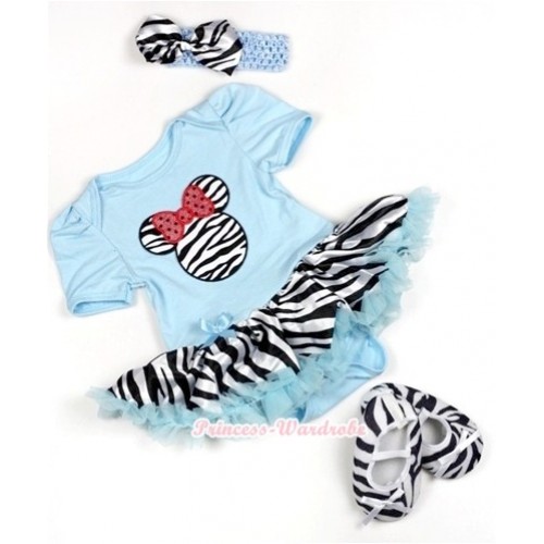 Light Blue Baby Jumpsuit Light Blue Zebra Pettiskirt With Sparkle Red Zebra Minnie Print With Light Blue Headband Zebra Satin Bow With Zebra Shoes JS826 